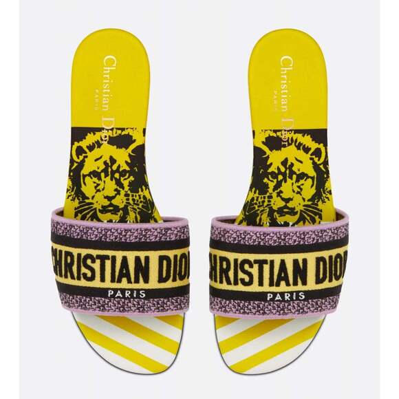 Christian Dior Dway D Jungle Yellow Black Embroidered Logo Slide Flat Sandal 36 - Picture 2 of 12